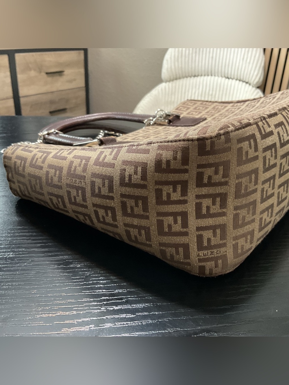 Fendi Brown FF Logo Canvas Satchel with Chain Strap - Picture 9 of 12